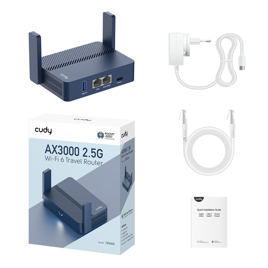 Cudy TR3000 / TR30 — комплектация: роутер, блок питания USB-C, патч-корд, инструкция