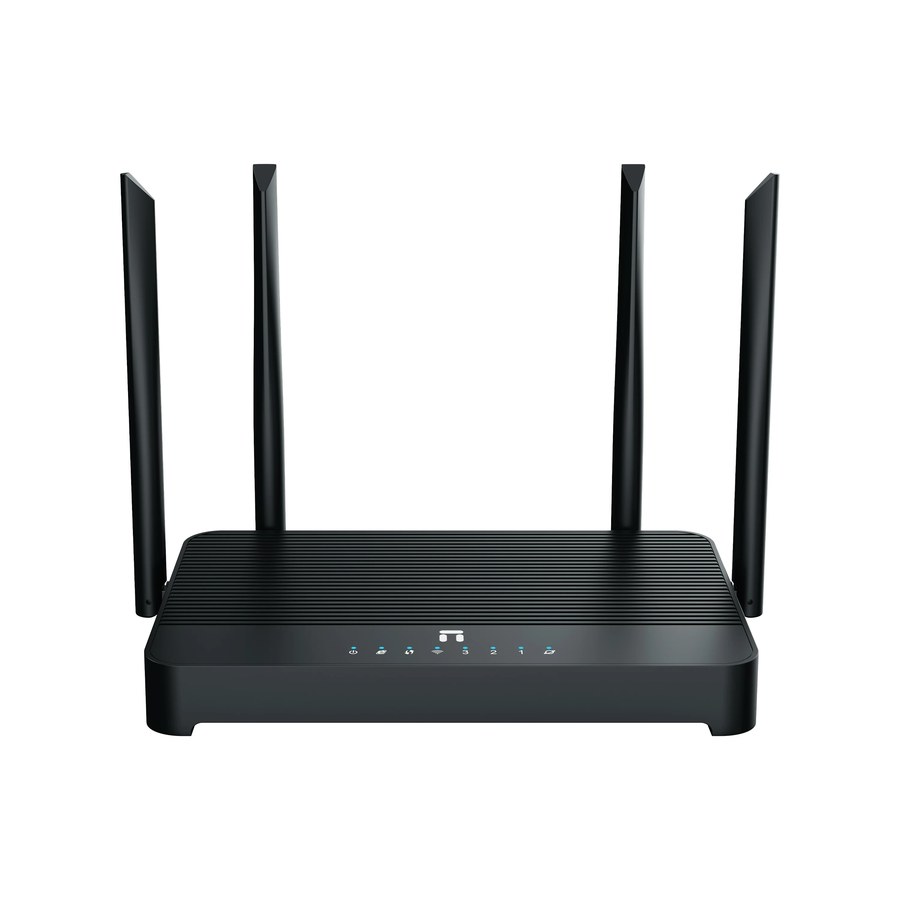 Роутер netis NX31 — вид спереди, чёрный корпус с рёбрами и четыре антенны